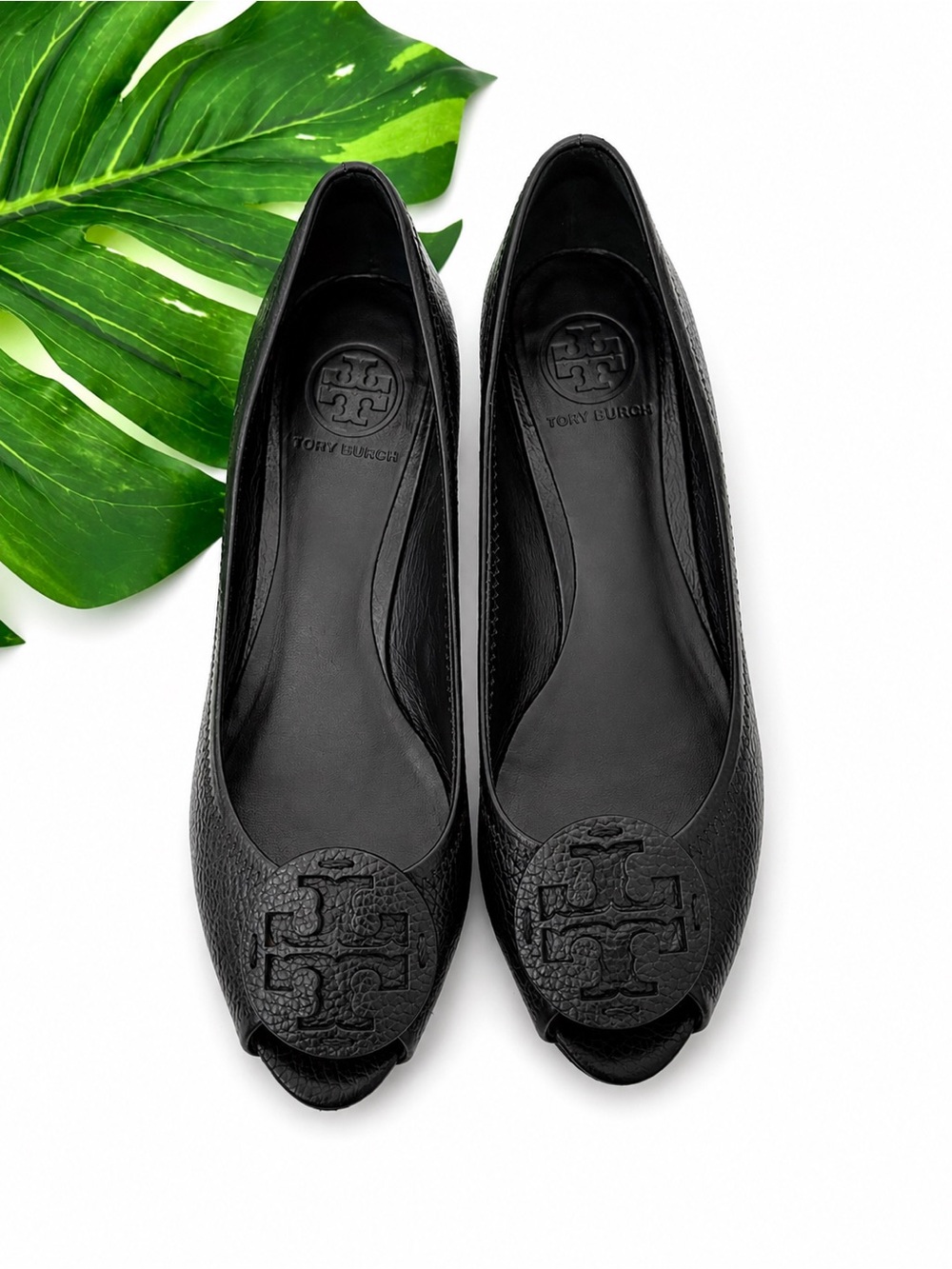 Tory Burch Black Leather Peep Toe Wedge Reva Logo Ballet Shoes Sz 8.5M